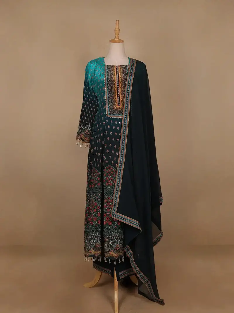 Blue Ombre And Floral Designed Semi Silk Salwar Suit 1