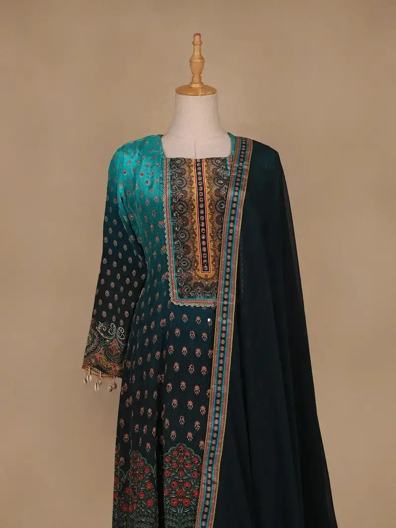 Blue Ombre And Floral Designed Semi Silk Salwar Suit 2