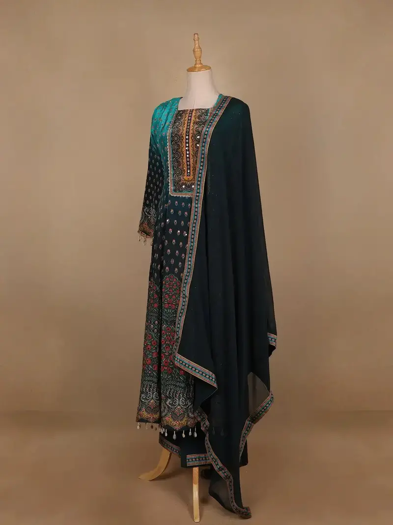 Blue Ombre And Floral Designed Semi Silk Salwar Suit 3