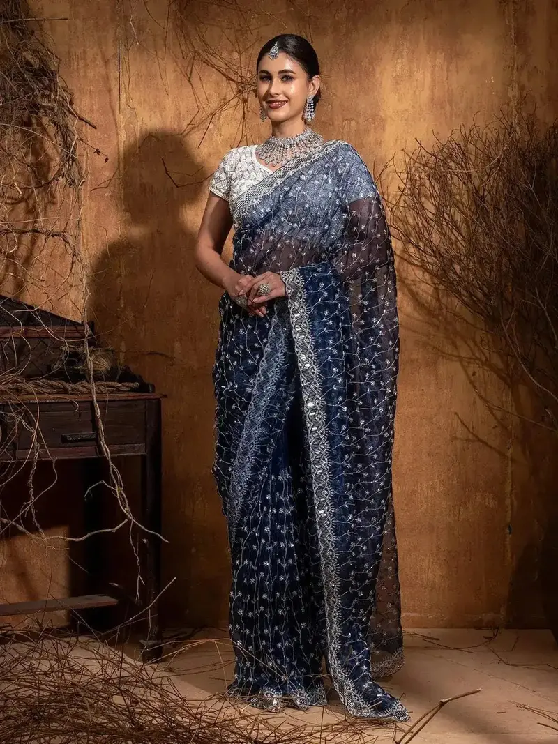 Blue Organza Saree With Sequins And Beads Flower Design On The Body With Beads Designed Border 1
