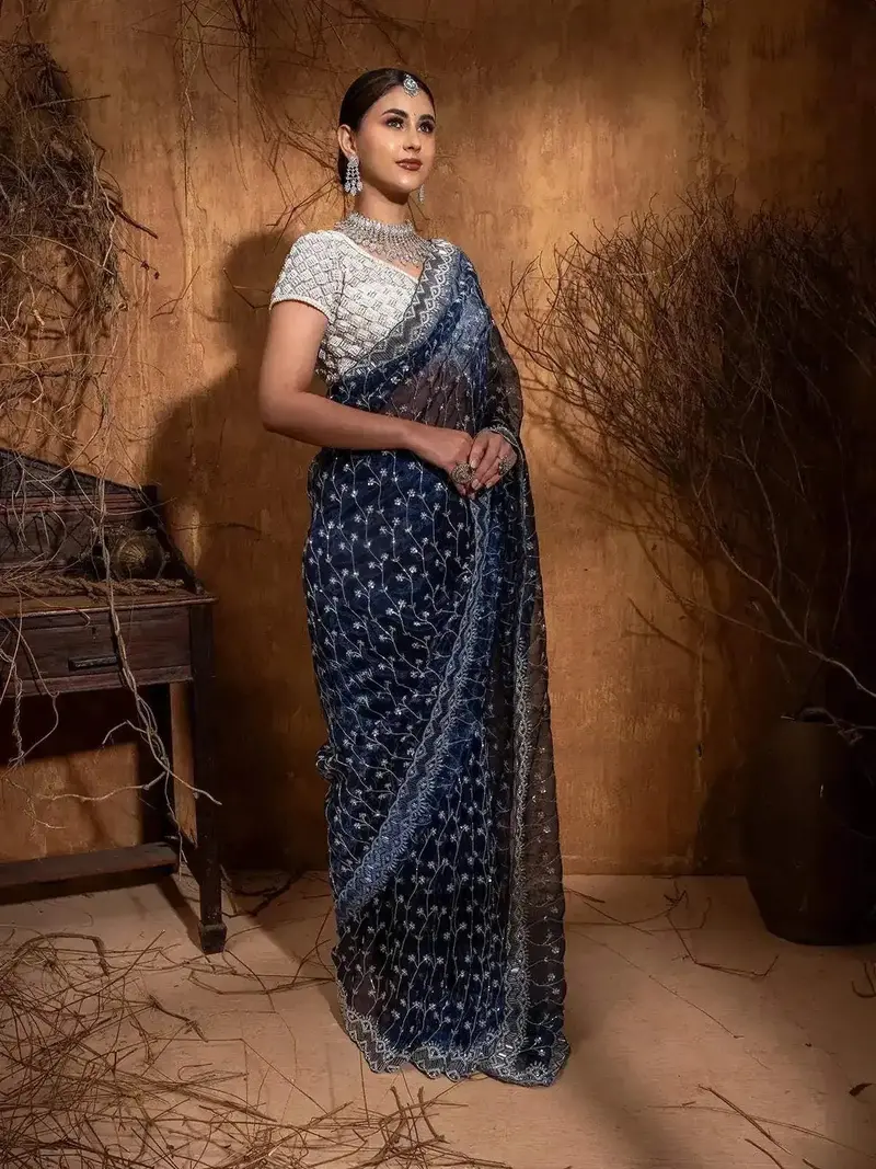 Blue Organza Saree With Sequins And Beads Flower Design On The Body With Beads Designed Border 2