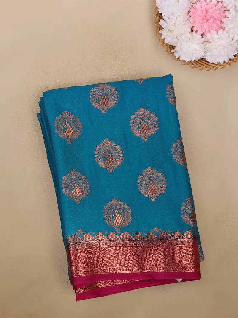 Blue Paisley Woven Mysore Silk Saree With Contrast Pink Zari Border 1