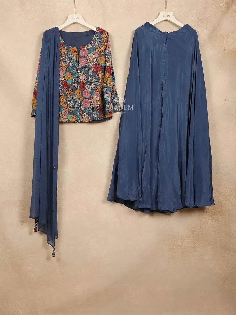 Blue Palazzo Salwar Suit Adorned With Sequins And Floral Design Paired With Dupatta 1