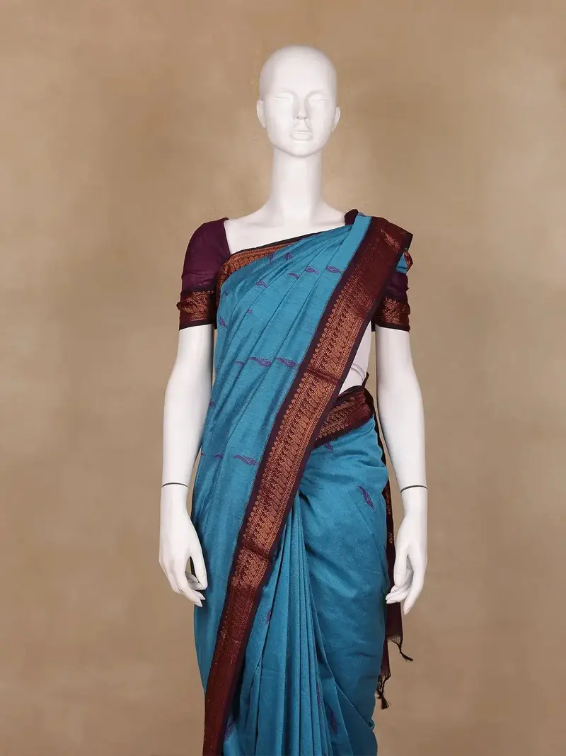Blue Peacock Designed Cotton Saree 2