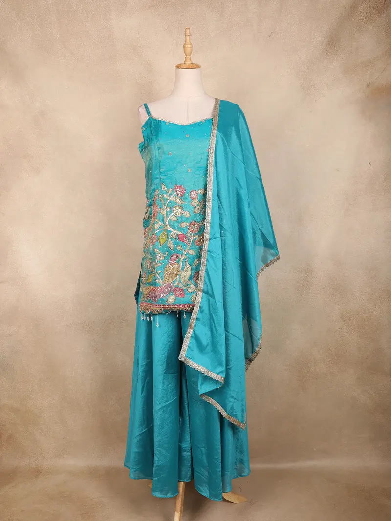 Blue Peacock Embroidered Design Tissue Silk Palazzo Suit With Dupatta 1