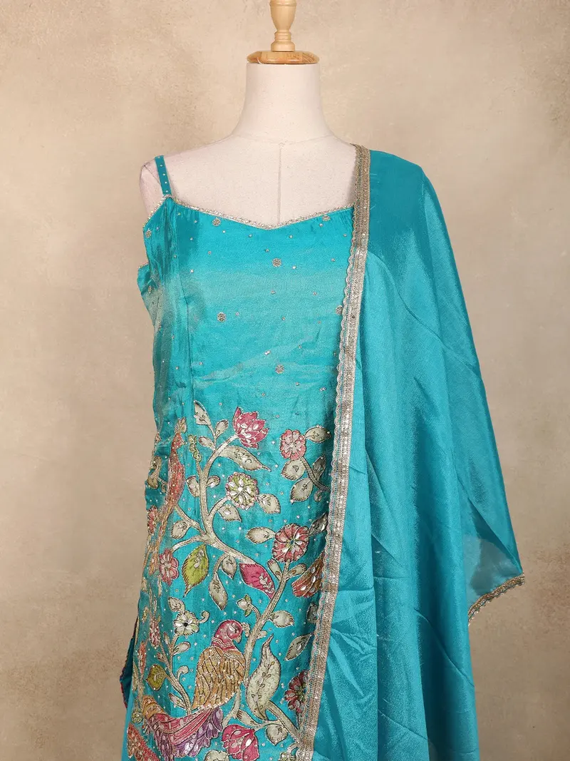 Blue Peacock Embroidered Design Tissue Silk Palazzo Suit With Dupatta 2