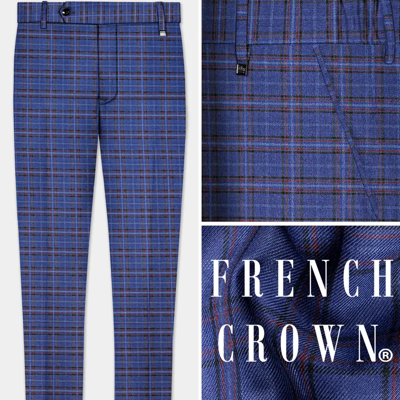 Blue Plaid Wool Blend Stretchable Waistband Pant 1