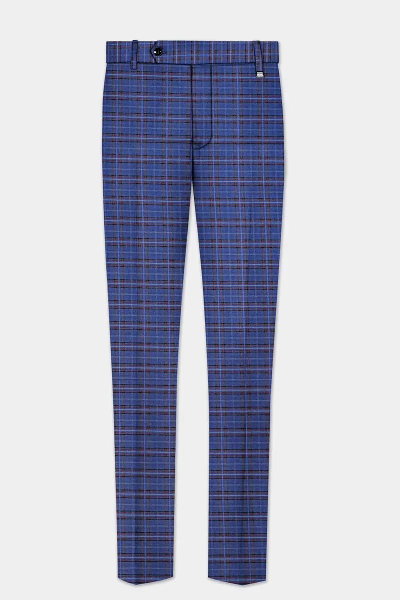 Blue Plaid Wool Blend Stretchable Waistband Pant 2