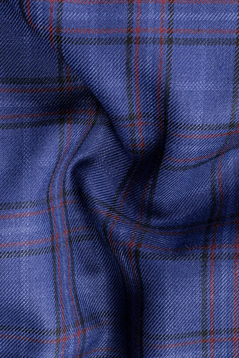 Blue Plaid Wool Blend Stretchable Waistband Pant 3