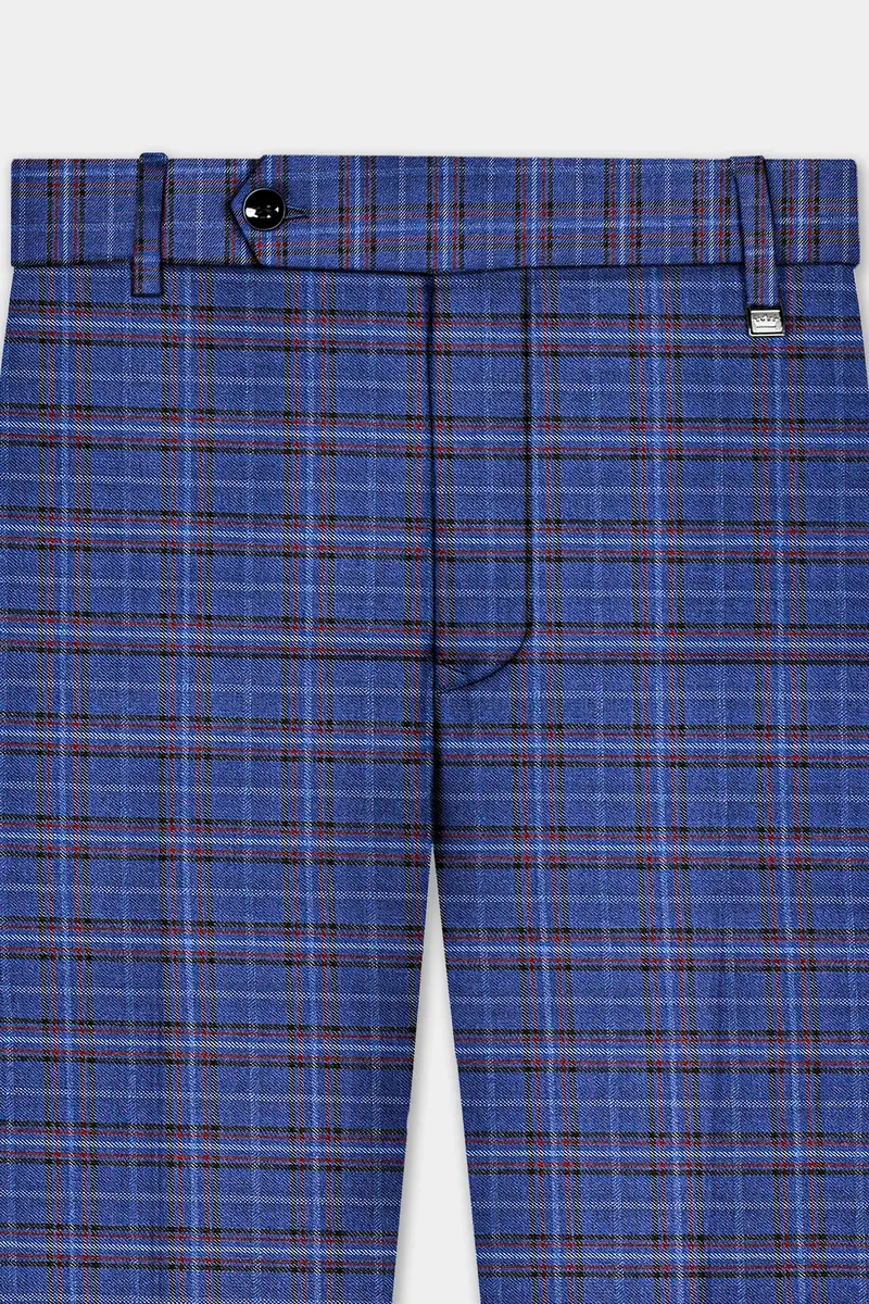 Blue Plaid Wool Blend Stretchable Waistband Pant 4