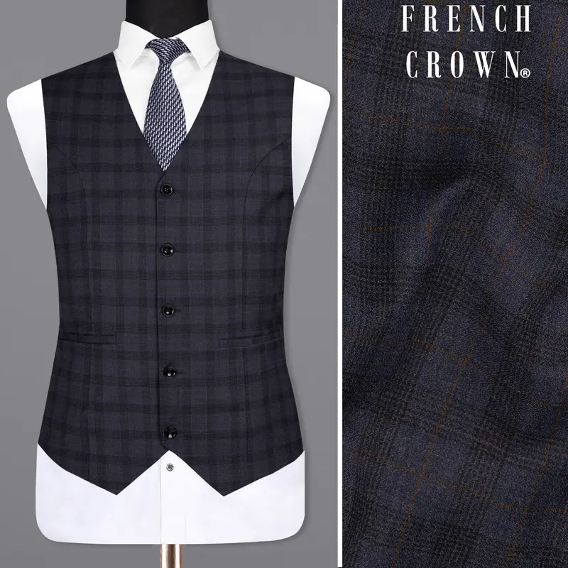 Blue Plaid Wool Rich Waistcoat 1