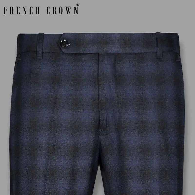 Blue Plaid Wool-Silk Blend Pant 1