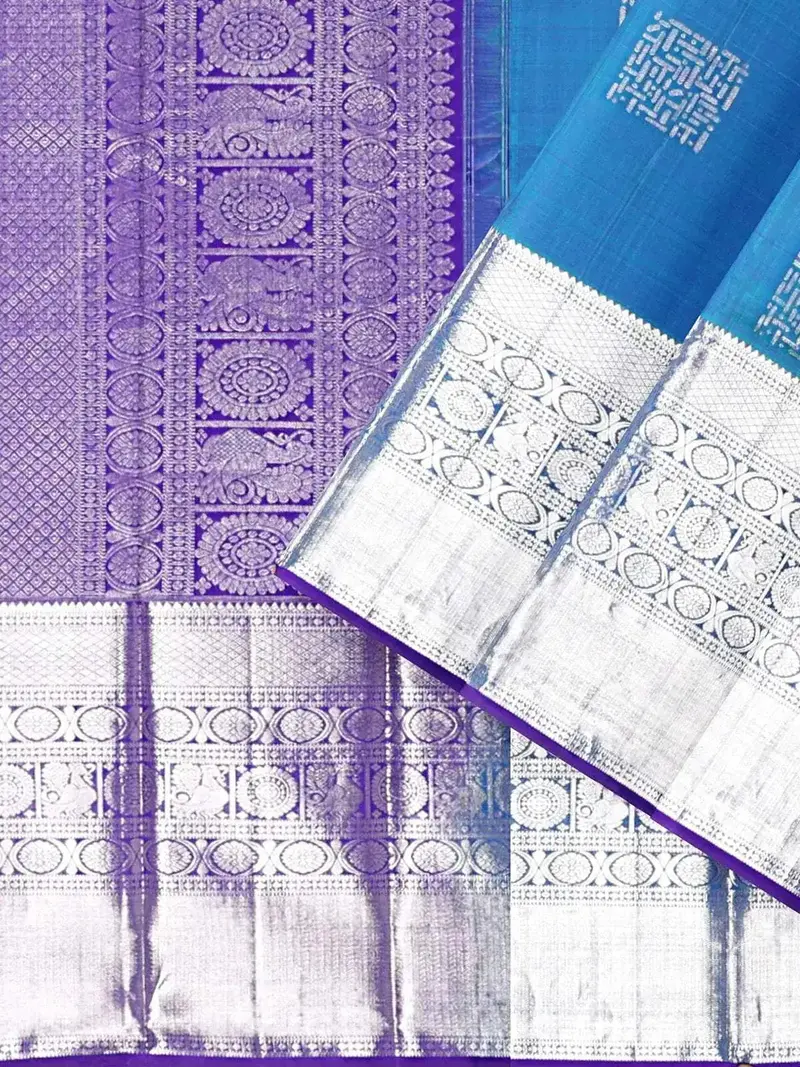 Blue Pure Kanchi Pattu Saree With Zari Butta On The Body And Contrast Zari Border 2