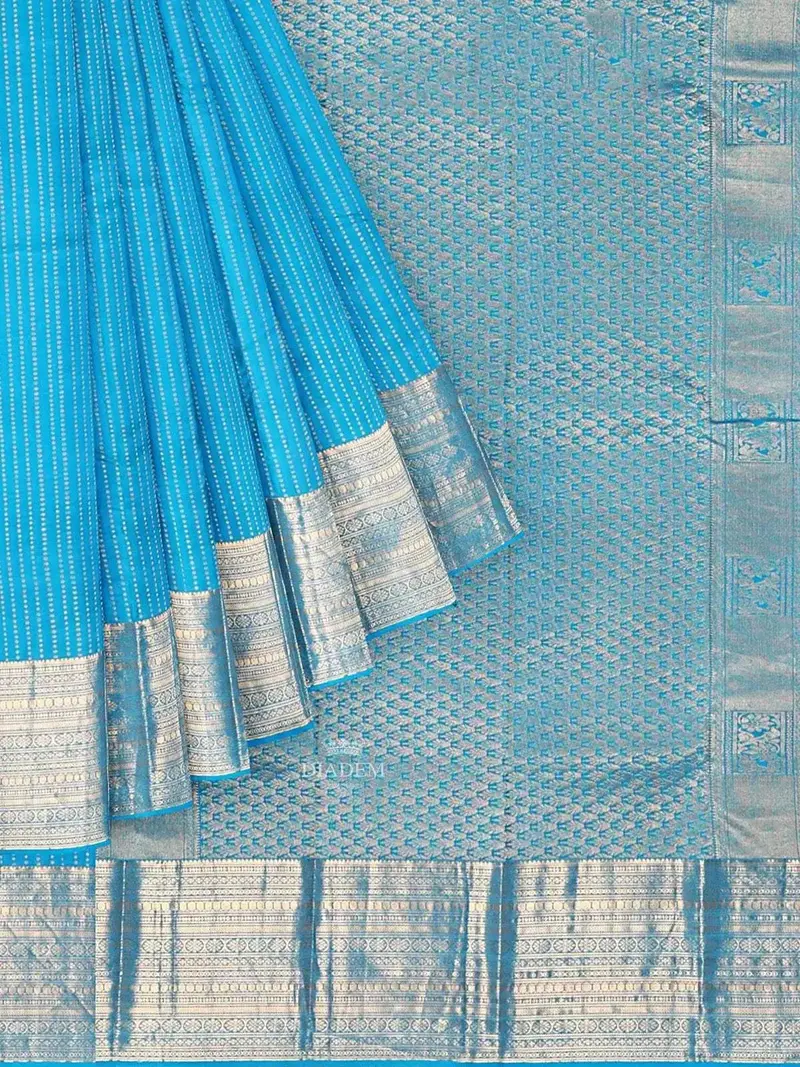 Blue Pure Kanchipuram Bridal Silk Saree With Dotted Stripes On The Body And Zari Border 1