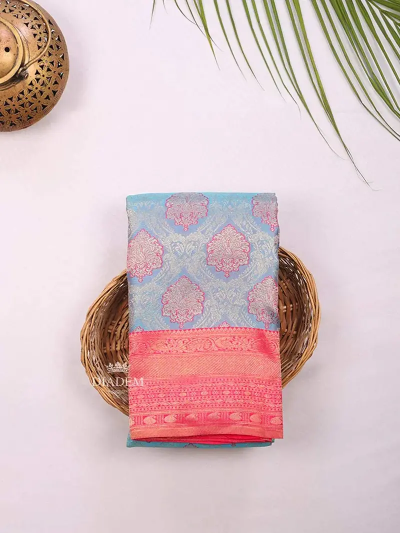 Blue Pure Kanchipuram Bridal Silk Saree With Floral Motif On The Body And Contrast Zari Border 1