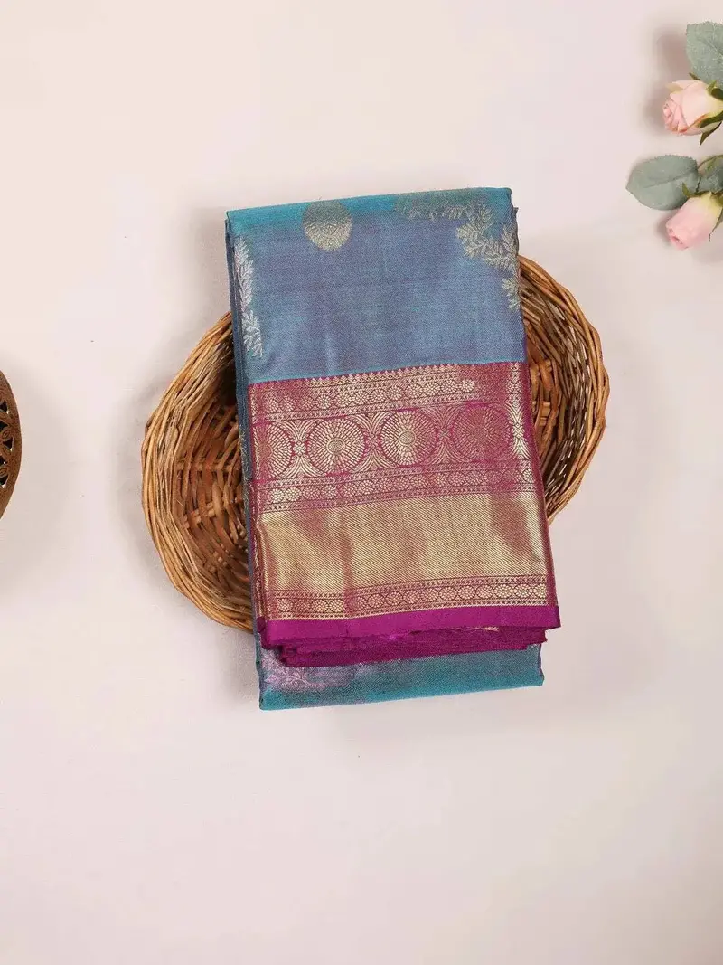 Blue Pure Kanchipuram Bridal Silk Saree With Floral Motif On The Body And Contrast Zari Border 1