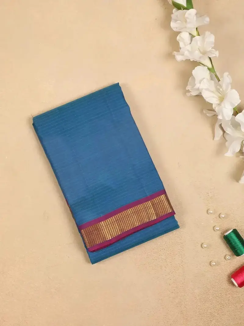 Blue Pure Kanchipuram Bridal Silk Saree With Stripes Design On The Body With Zari Border 1