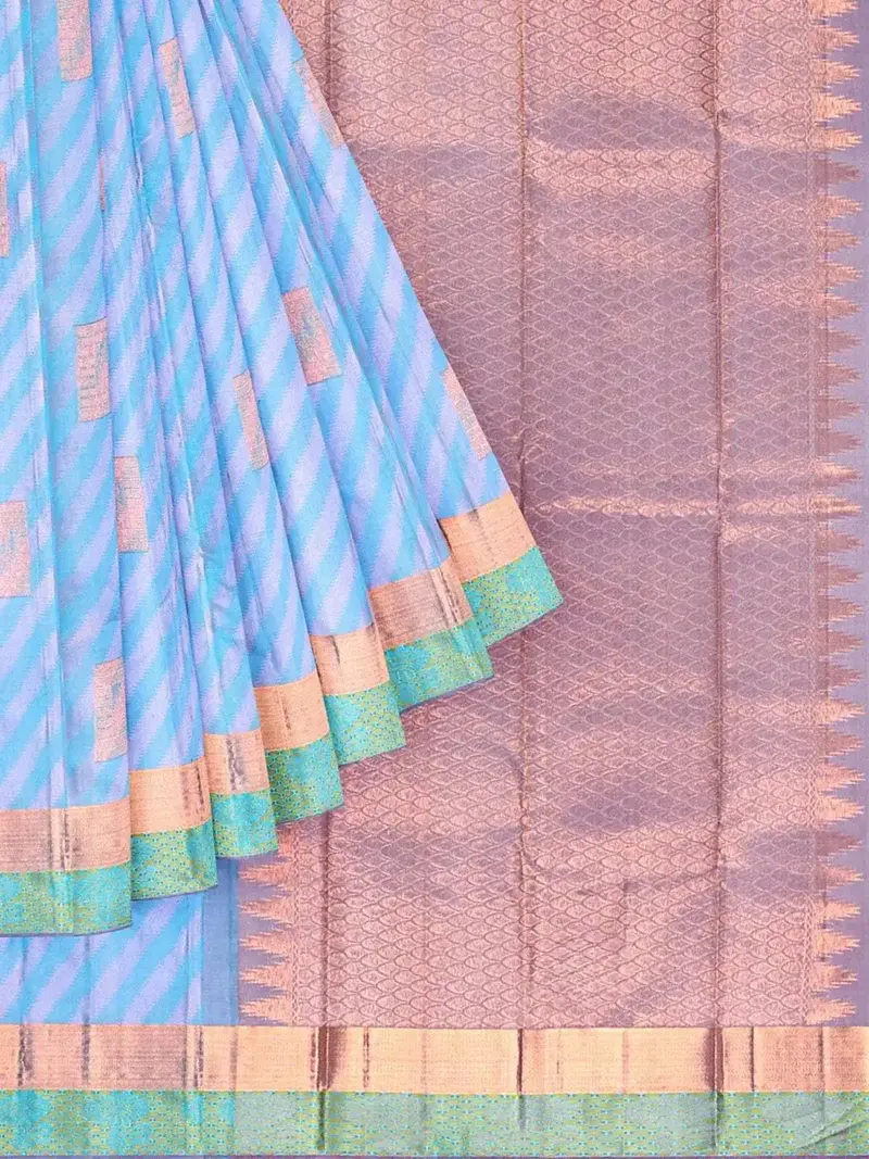Blue Pure Kanchipuram Bridal Silk Saree With Stripes On The Body And Contrast Zari Border 1