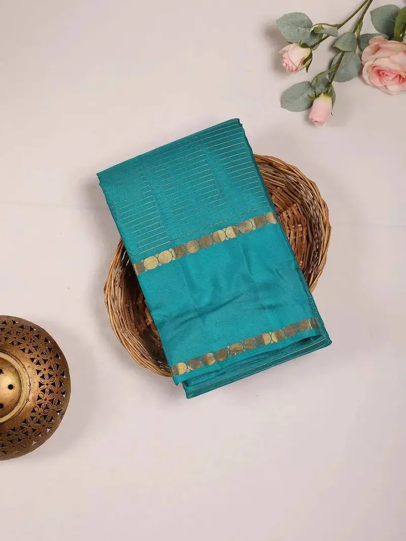 Blue Pure Kanchipuram Bridal Silk Saree With Stripes On The Body And Zari Border 1