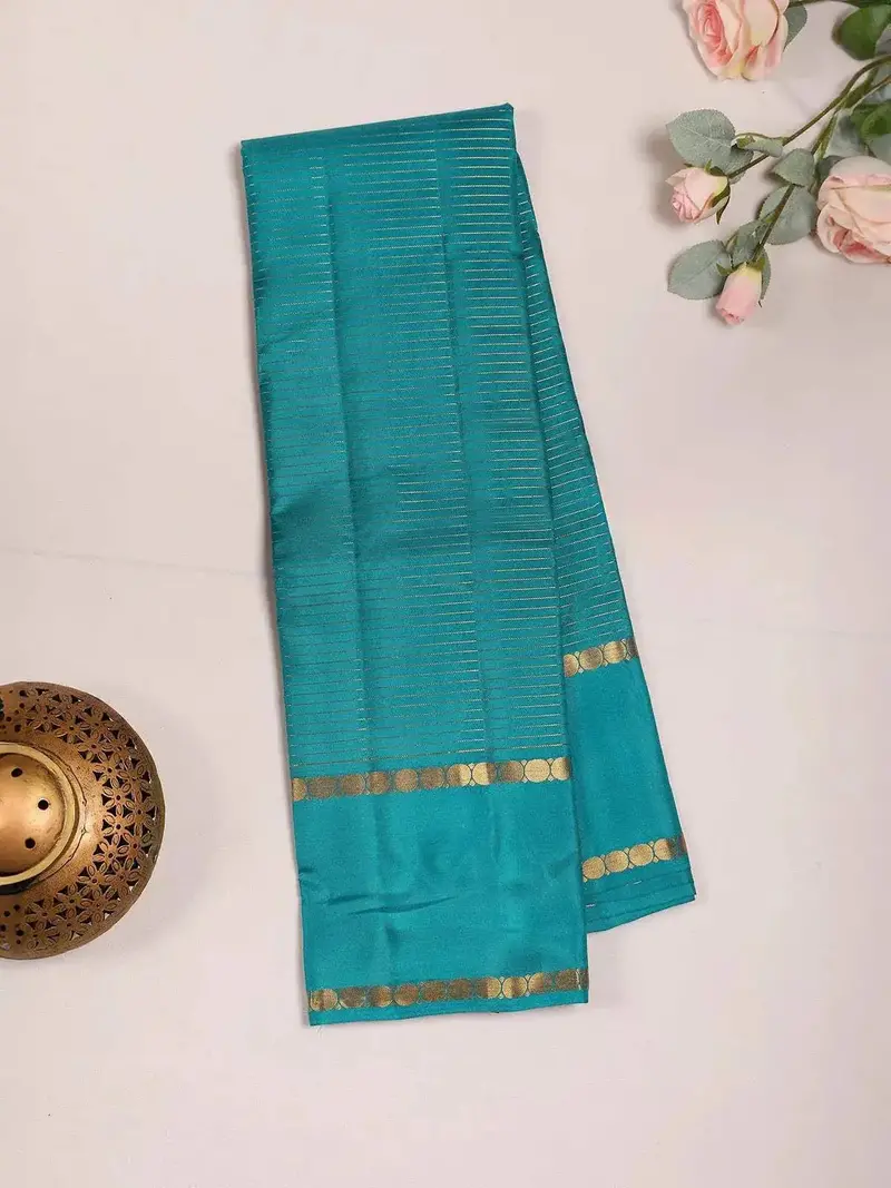 Blue Pure Kanchipuram Bridal Silk Saree With Stripes On The Body And Zari Border 2