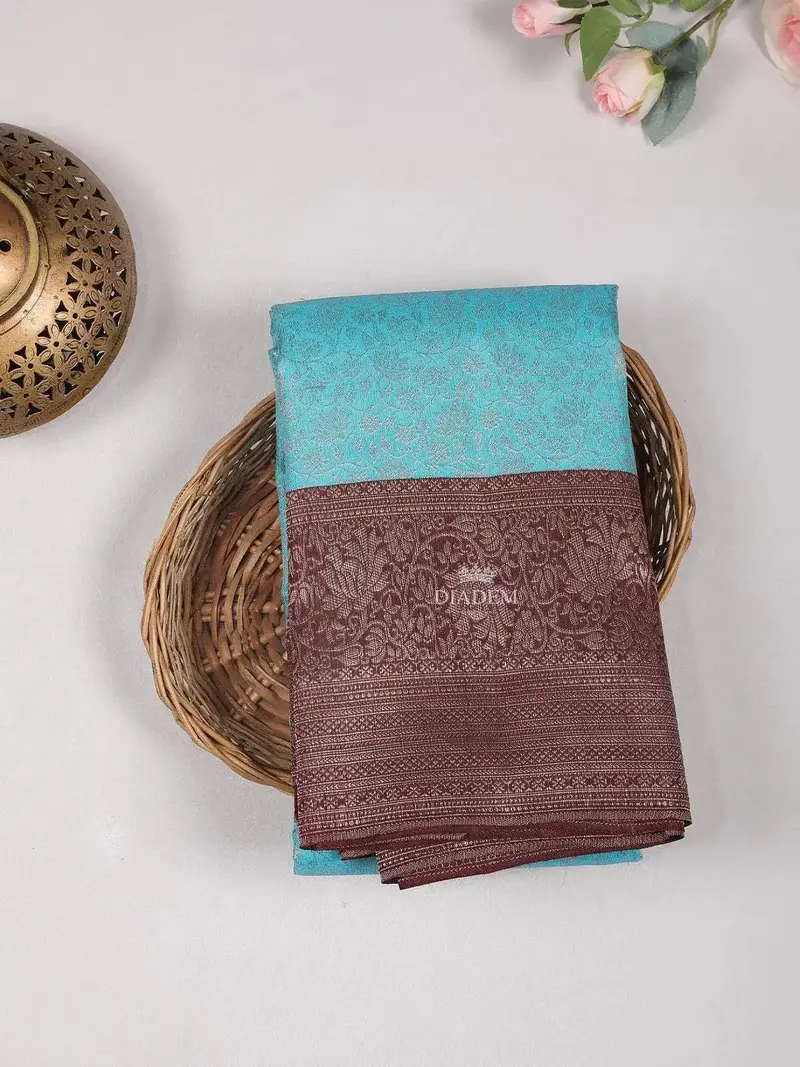 Blue Pure Kanchipuram Bridal Silk Saree With Zari Brocade On The Body And Contrast Zari Border 1