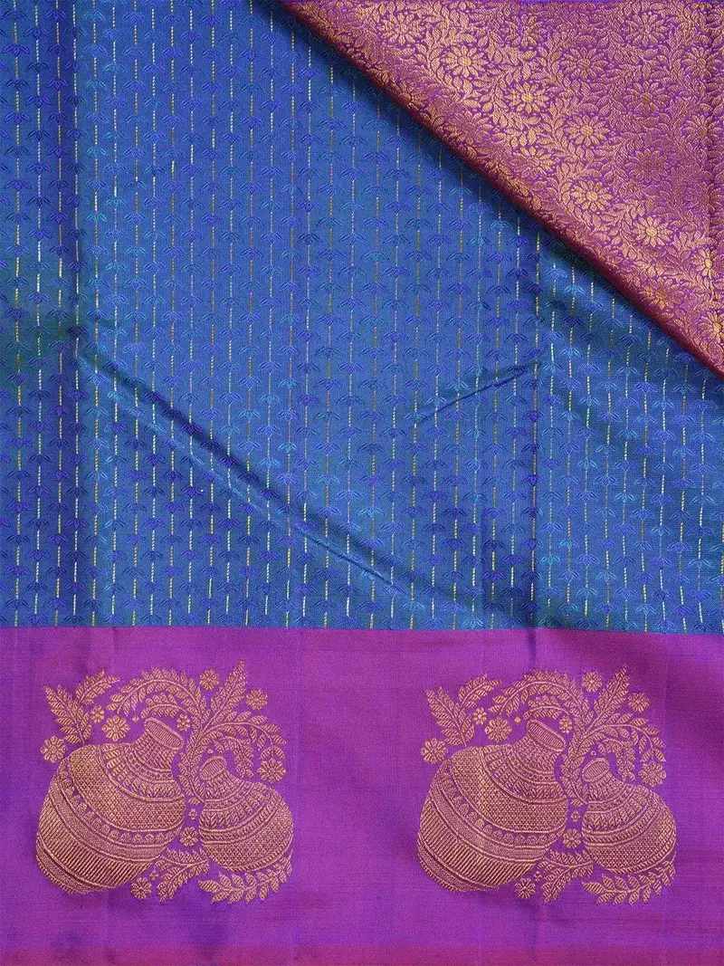 Blue Pure Kanchipuram Silk Saree With Floral Designs And Stripes On The Body With Contrast Zari Border 2