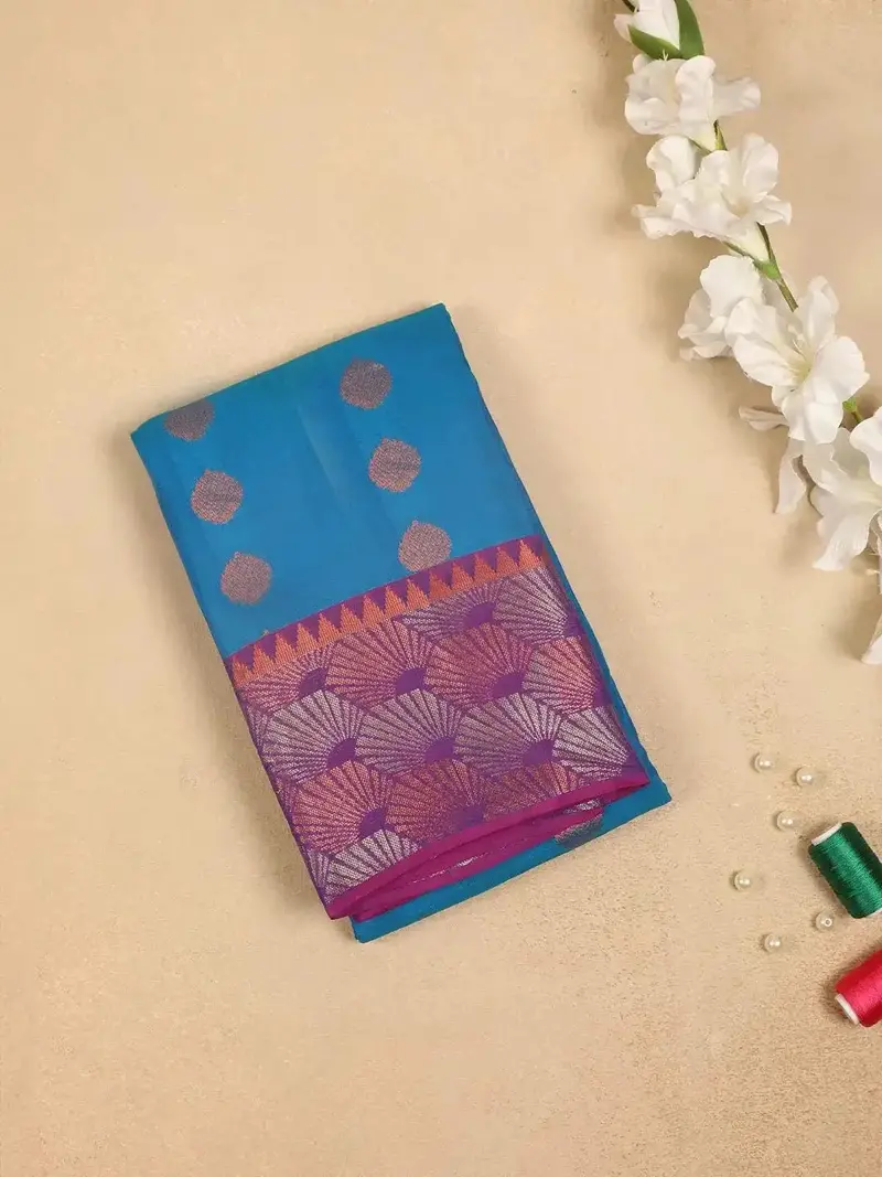 Blue Pure Kanchipuram Silk Saree With Leaf Motif On The Body With Zari Border 1