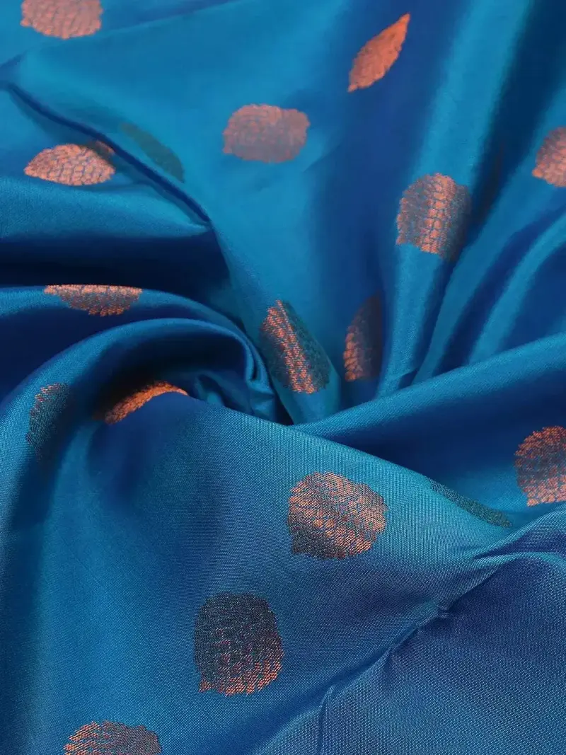 Blue Pure Kanchipuram Silk Saree With Leaf Motif On The Body With Zari Border 2