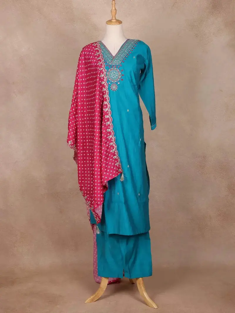 Blue Raw Silk Salwar Suit With Mirror Embroidery 1