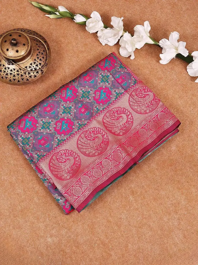 Blue Semi Banarasi Saree With Geometric And Animal Design On The Body With Zari Border 1