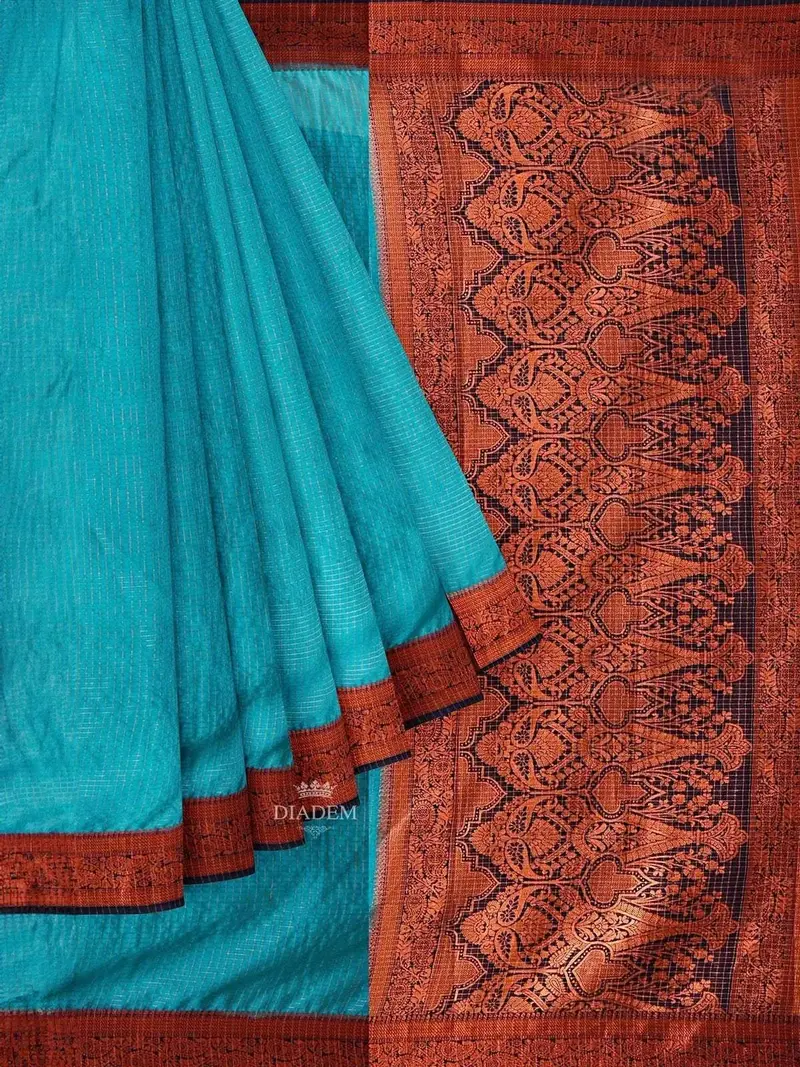 Blue Semi Silk Saree With Checked Design On The Body And Contrast Zari Border 1