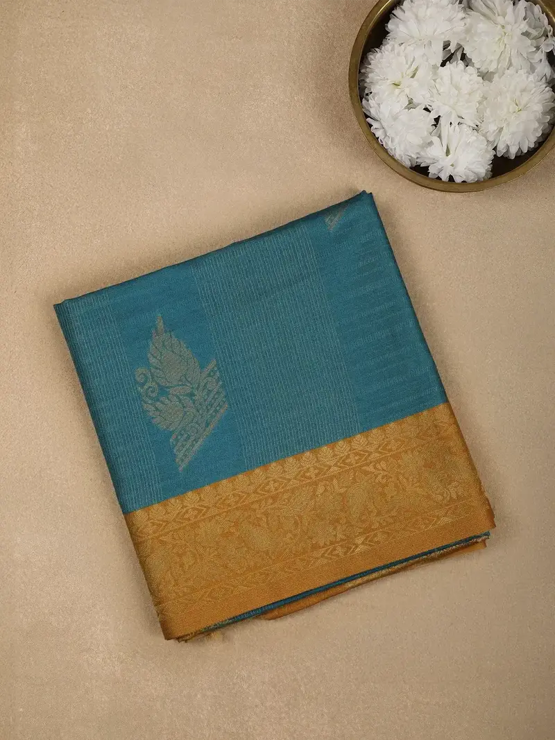 Blue Semi Silk Stripes And Floral Designed Saree 1