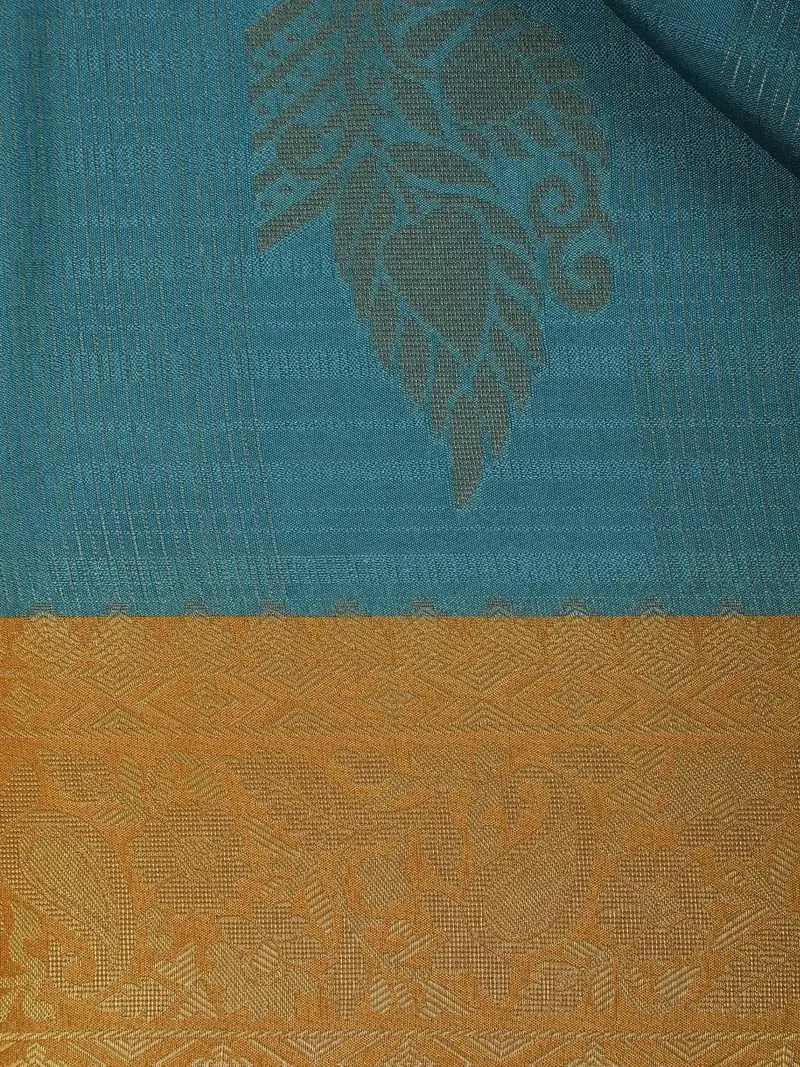 Blue Semi Silk Stripes And Floral Designed Saree 2