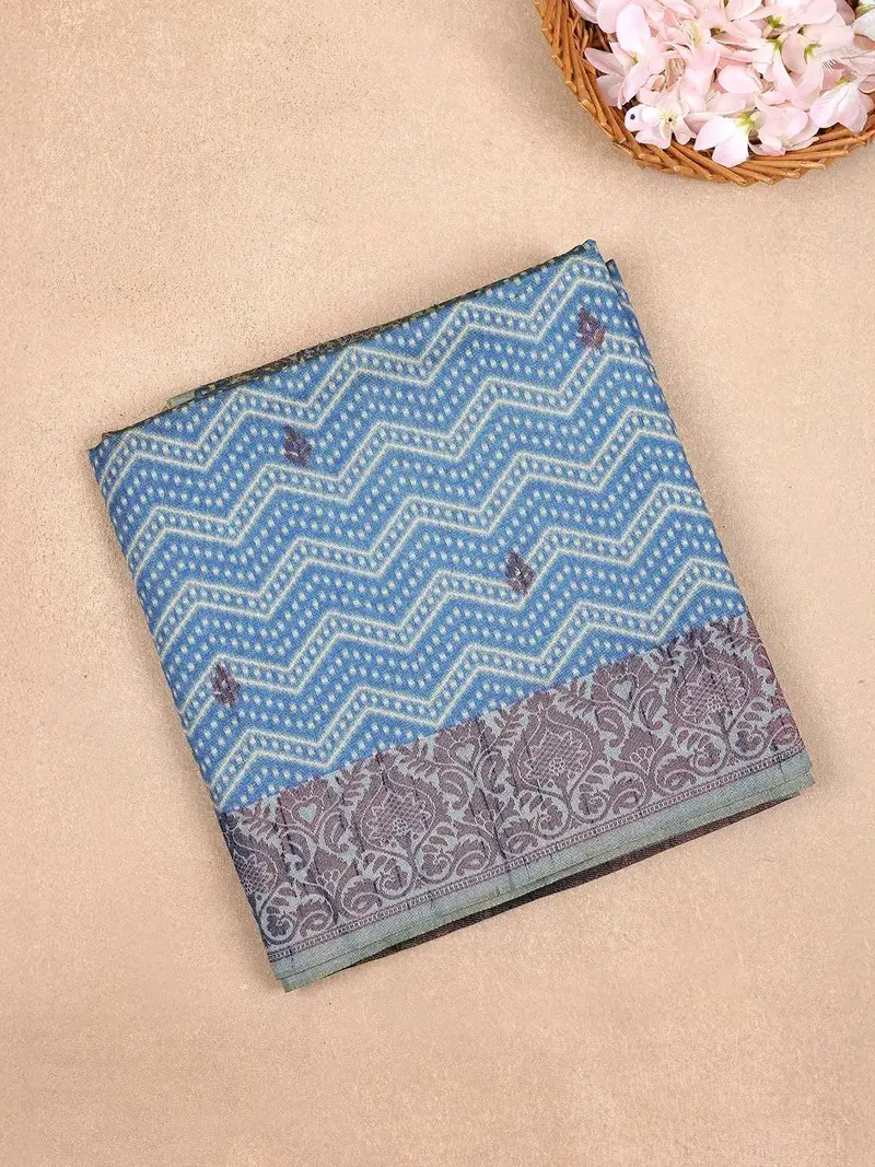 Blue Semi Tussar Silk Chevron Designed Saree 1