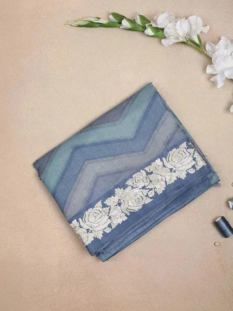 Blue Semi Tussar Silk Saree With Chevron Design On The Body With Lace Border 1