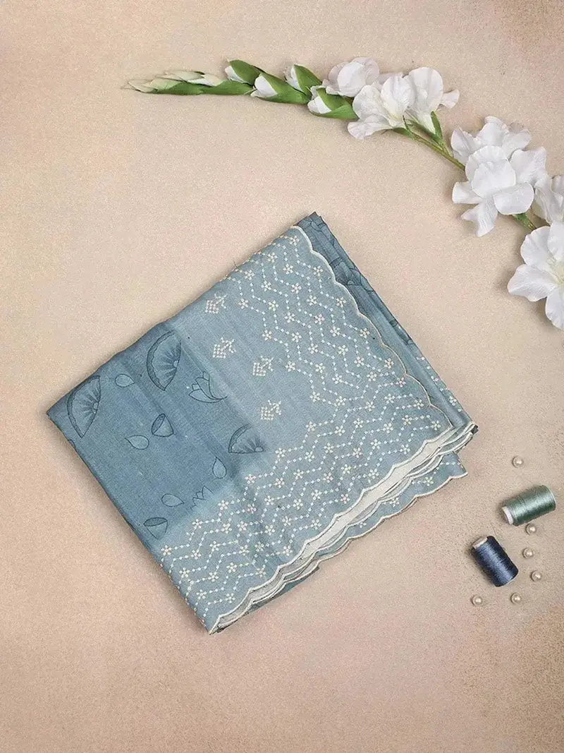 Blue Semi Tussar Silk Saree With Leaf And Lotus Motif On The Body With Lace Border 1