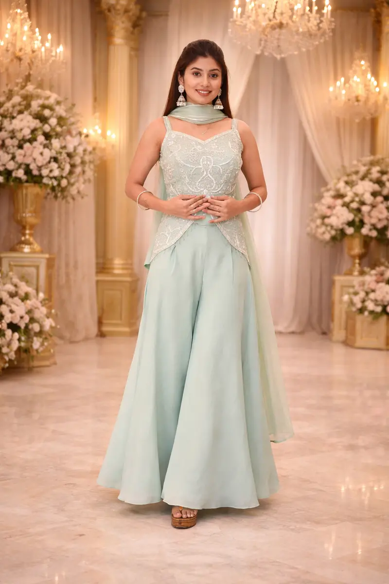 Blue Sequin And Bead Embroidered Organza Peplum Palazzo Suit With Dupatta 1
