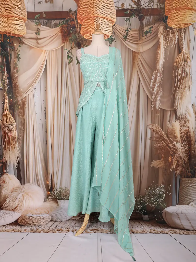 Blue Sequin And Bead Embroidered Organza Peplum Palazzo Suit With Dupatta 2