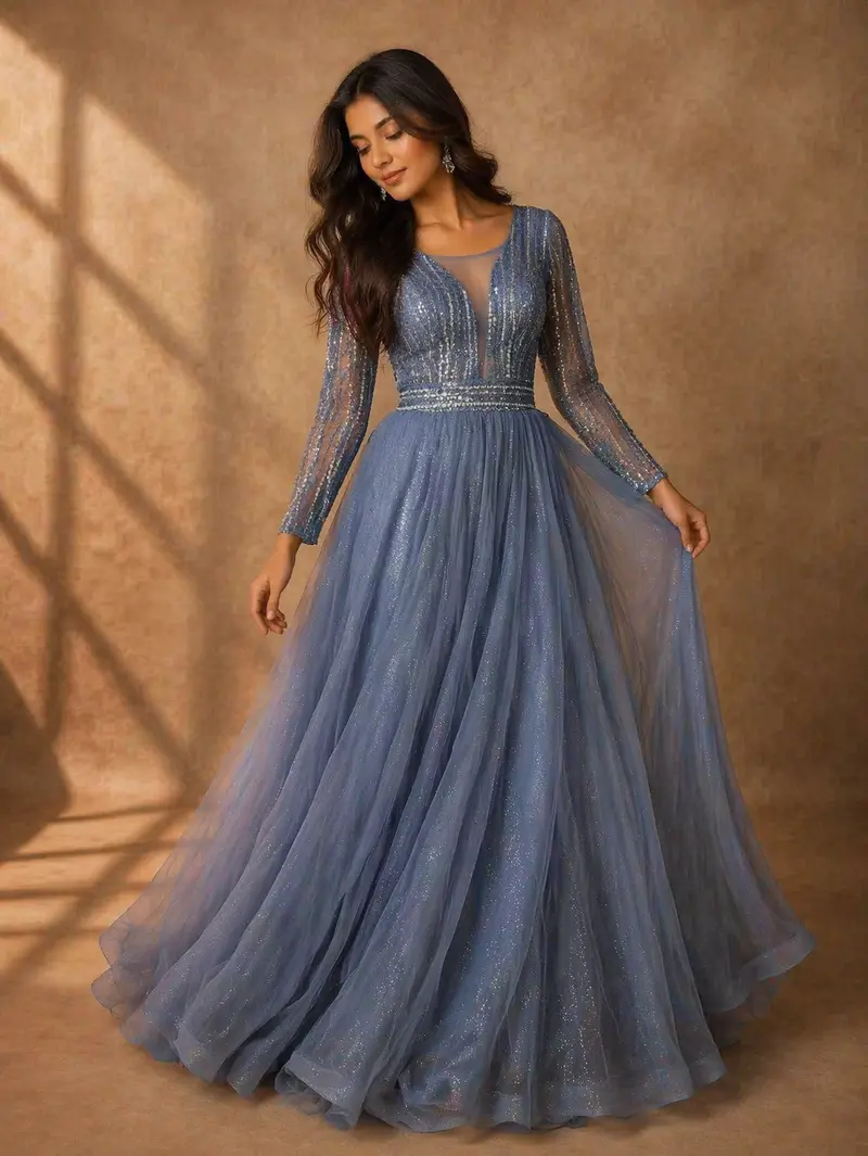 Blue Sequins Design Net Party Wear Gown 1