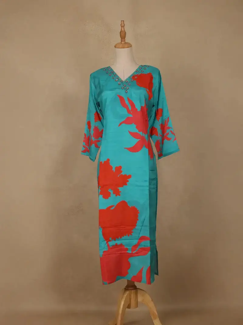 Blue Sequins Design Printed Cotton Kurti 1