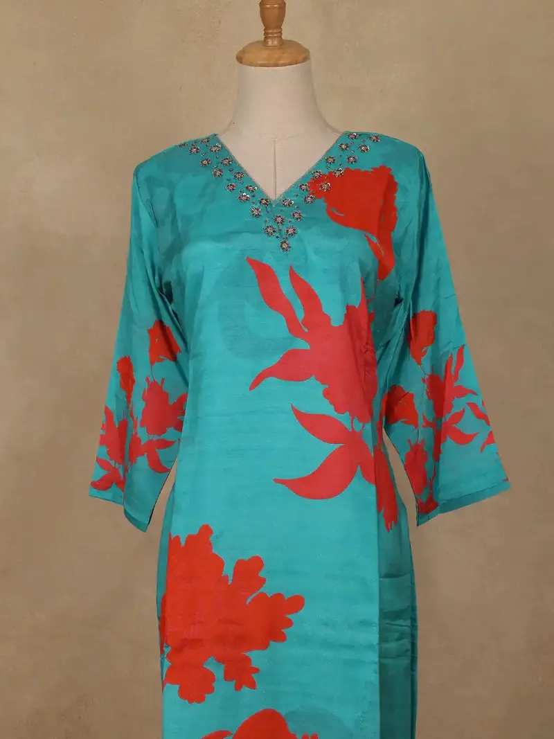 Blue Sequins Design Printed Cotton Kurti 2