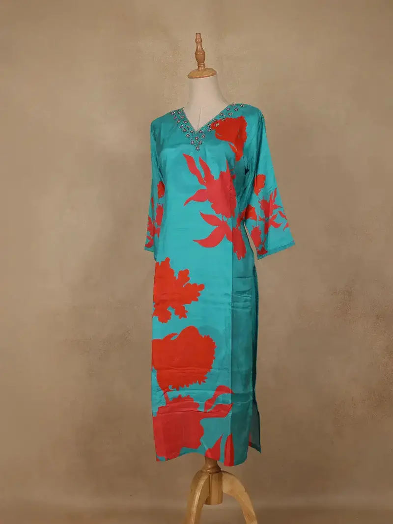 Blue Sequins Design Printed Cotton Kurti 3