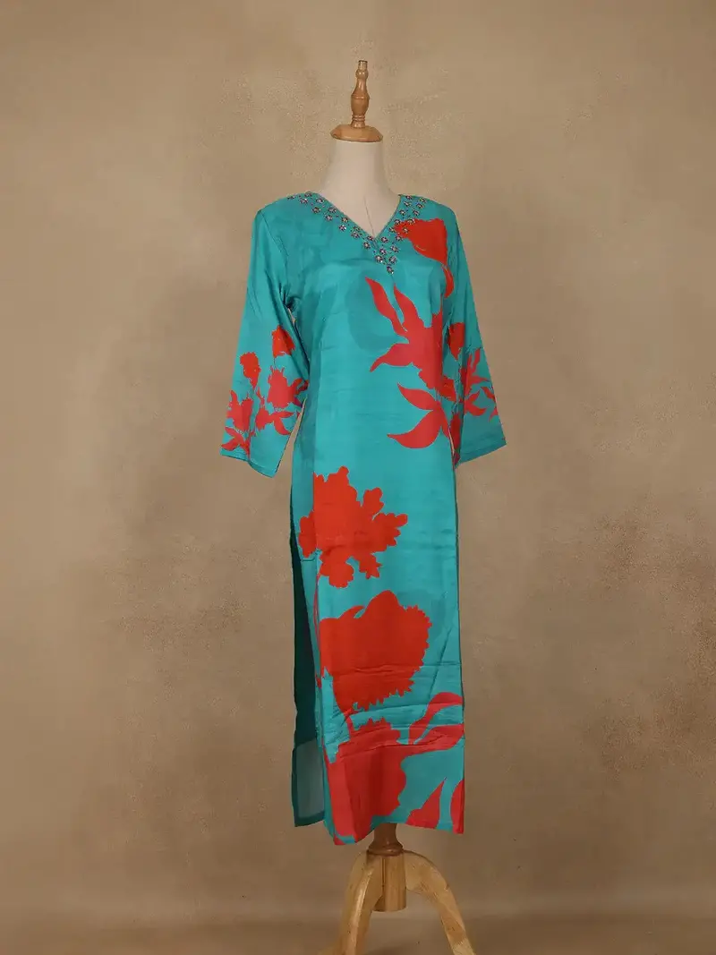 Blue Sequins Design Printed Cotton Kurti 4