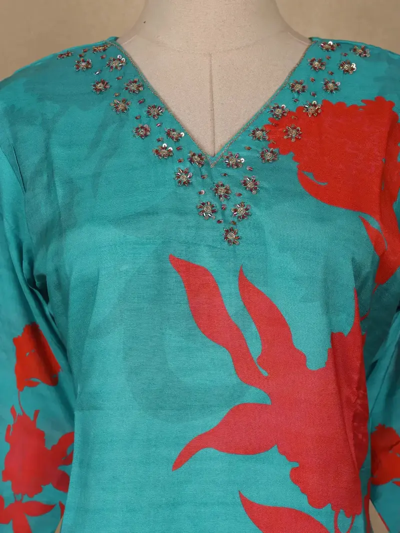 Blue Sequins Design Printed Cotton Kurti 5