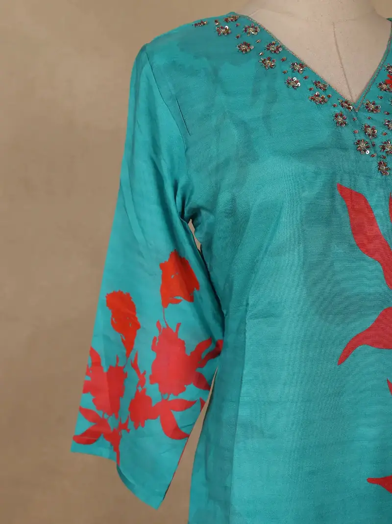 Blue Sequins Design Printed Cotton Kurti 6