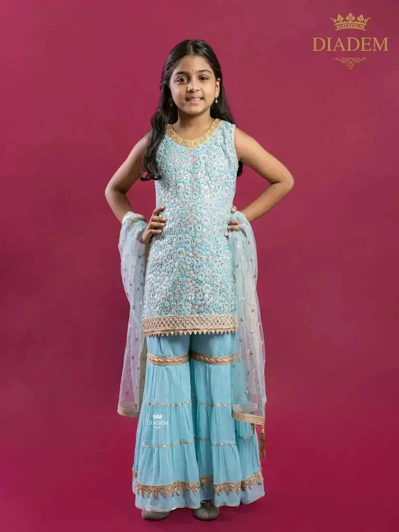 Blue Sharara Suit Embellished In Floral Sequins And Threads With Dupatta 1