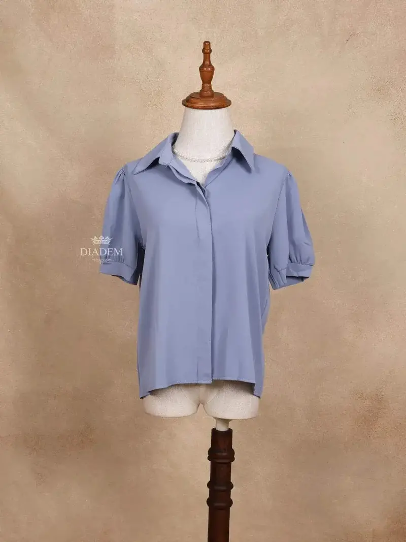 Blue Short Sleeve Shirt Pleated Loose Top 1