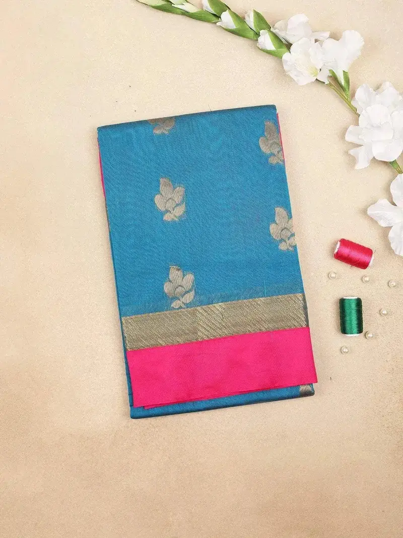 Blue Silk Cotton Saree With Floral Design On The Body With Contrast Zari Border 1
