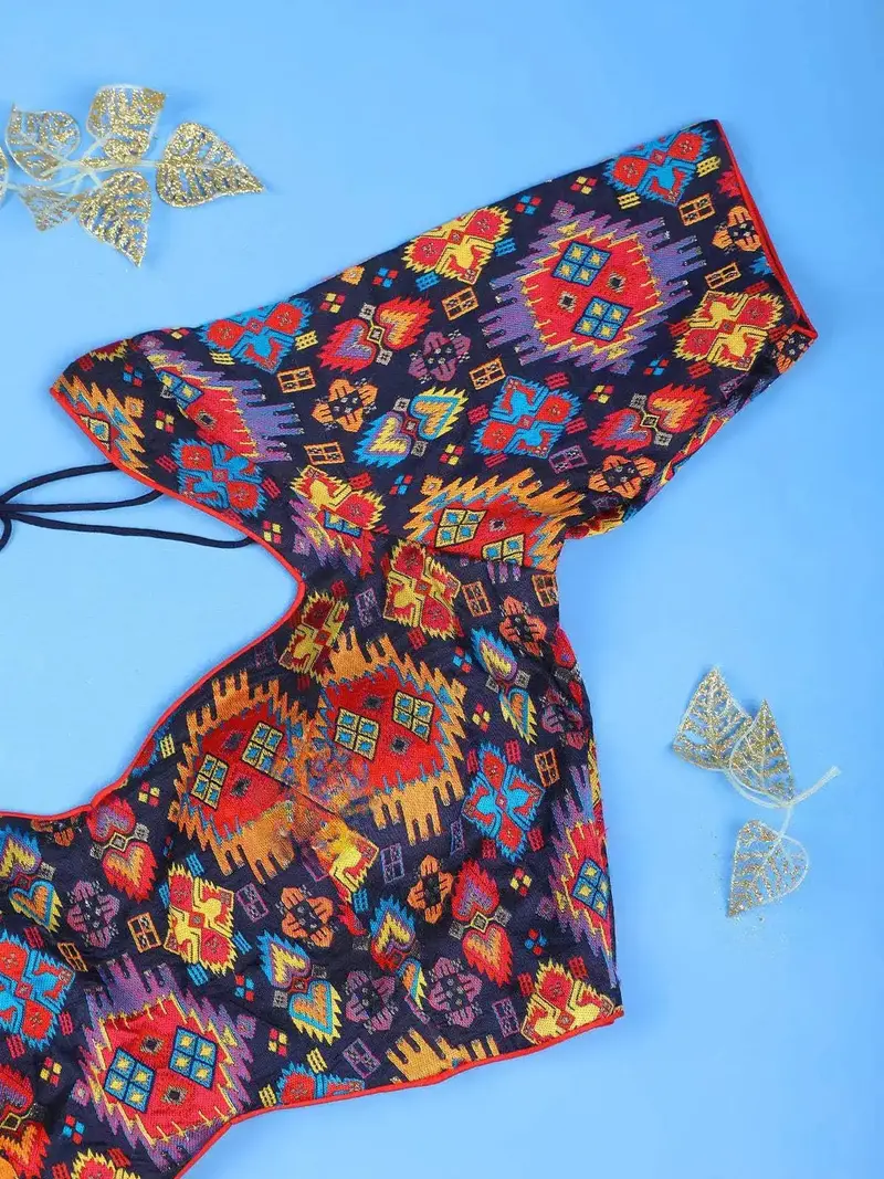 Blue Silk Readymade Blouse Adorned Multicolor Geometric Patterns 2