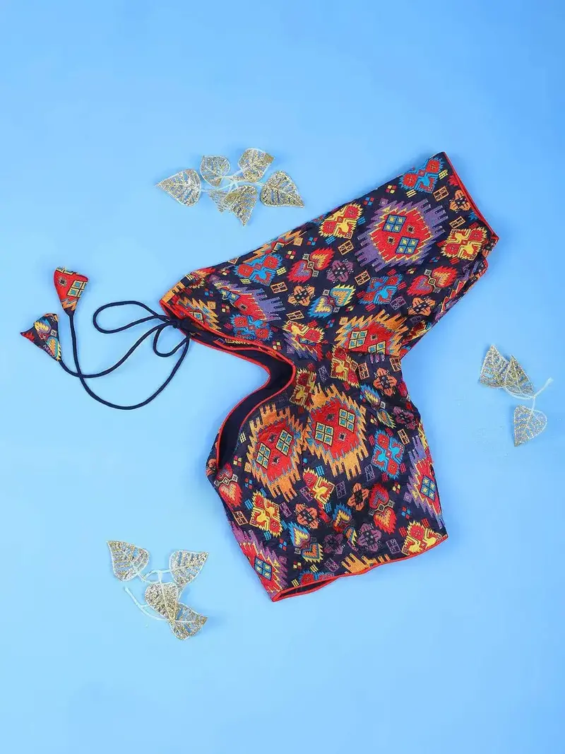 Blue Silk Readymade Blouse Adorned Multicolor Geometric Patterns 3